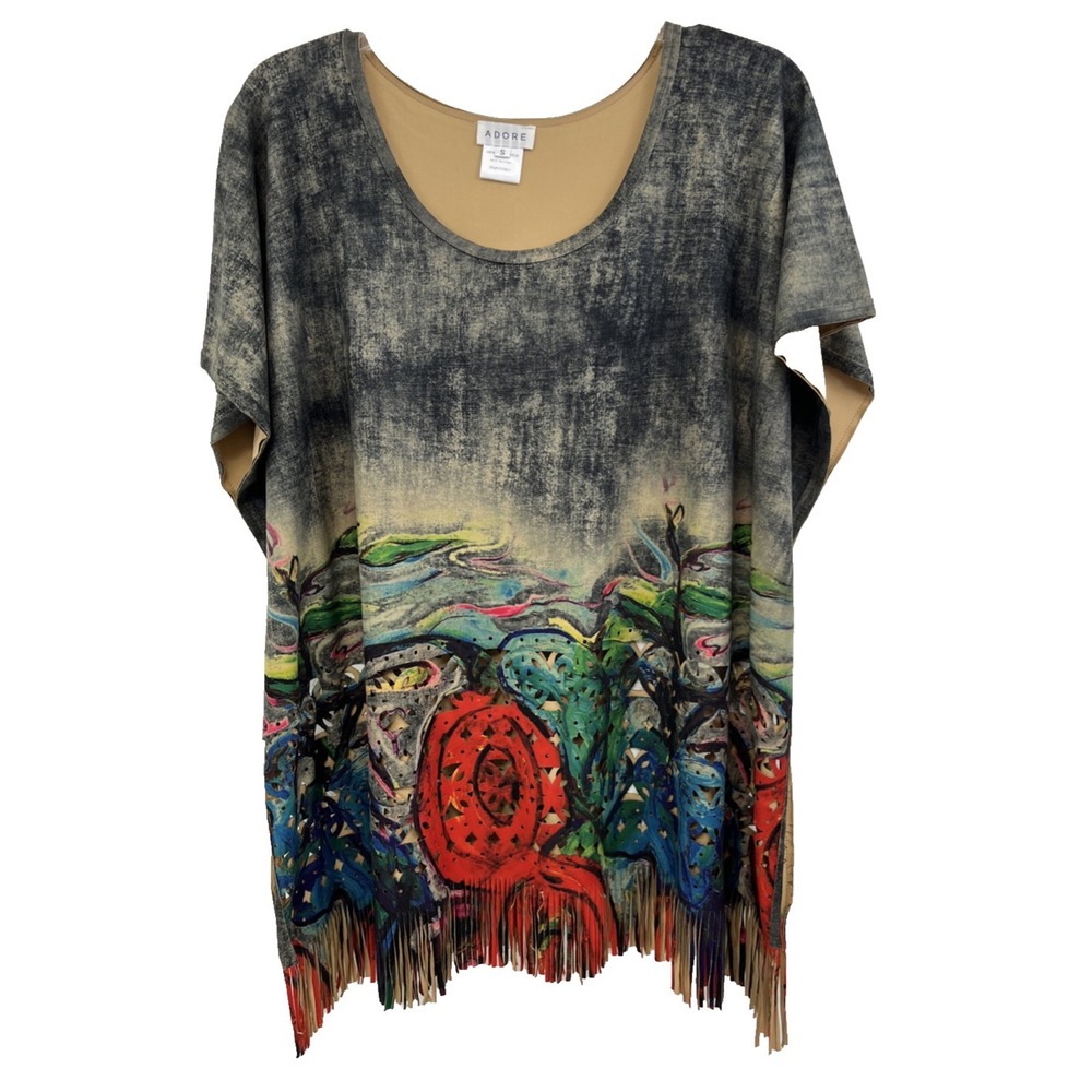 Adore Top Size S Cut-Outs Fringe Abstract Colorful Lined Oversized Kimono